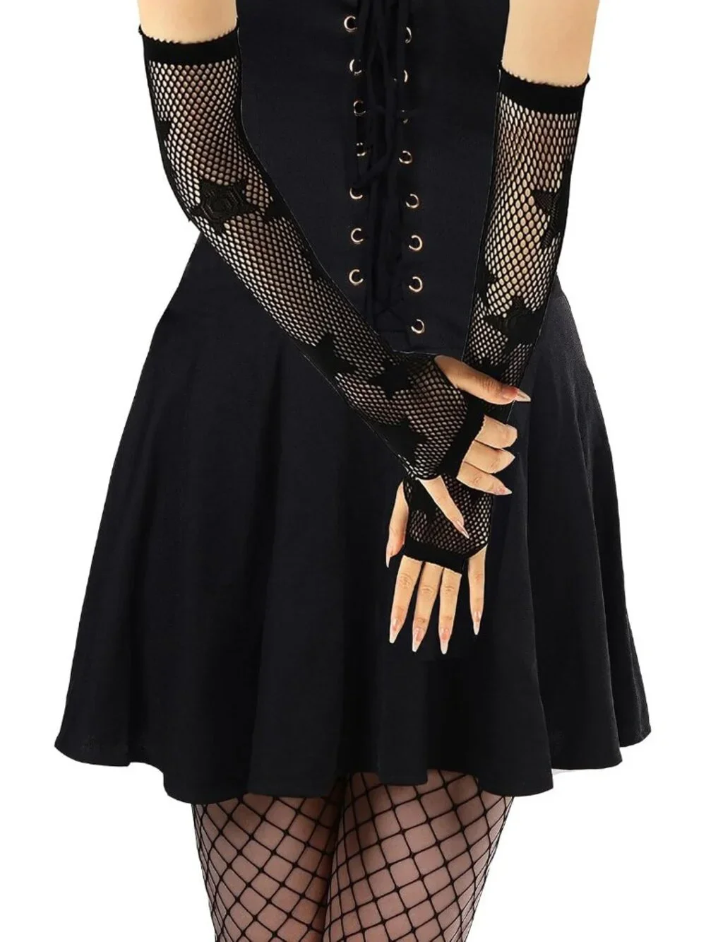 Women's Black Long Star Pattern Fishnet Fingerless Gothic Cosplay Gloves